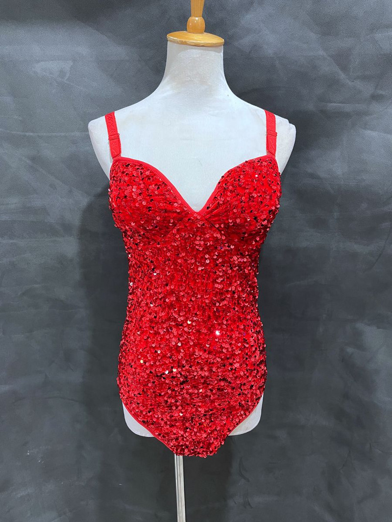 Sclipici Negru Roșu Paiete Fără mâneci Sling Body Femei DJ Club de noapte Pole Dance Jazz Performance Haine Costum de scenă sexy