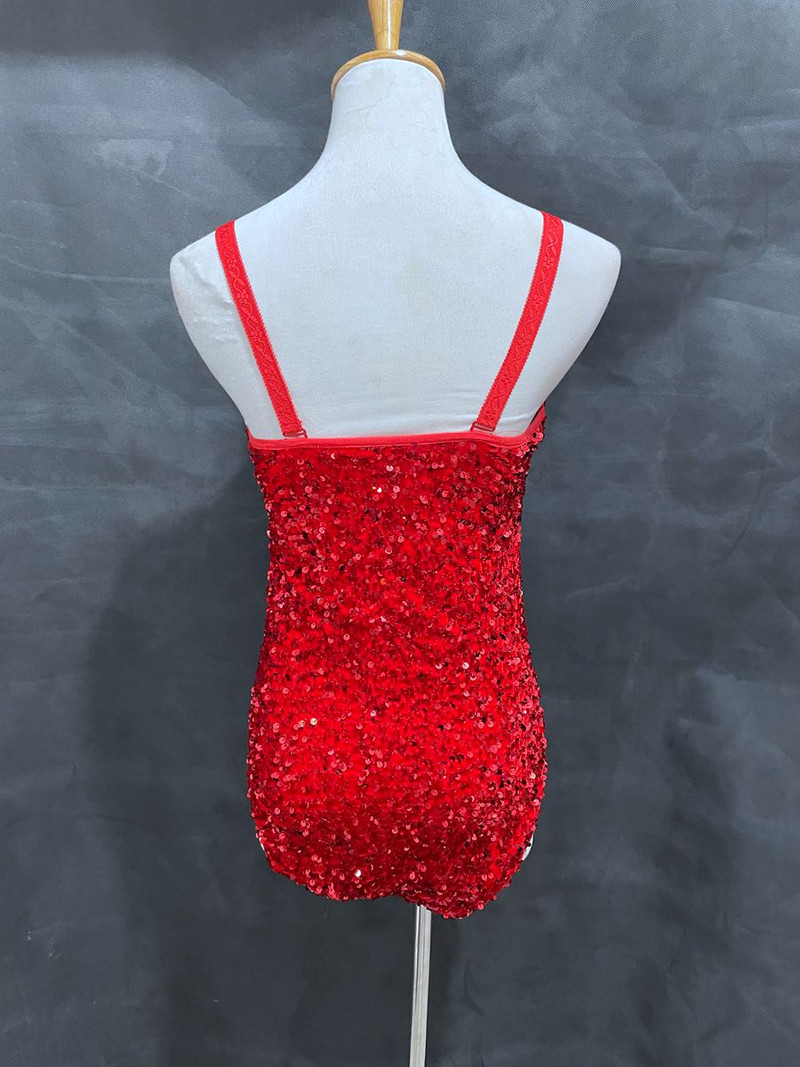 Sclipici Negru Roșu Paiete Fără mâneci Sling Body Femei DJ Club de noapte Pole Dance Jazz Performance Haine Costum de scenă sexy