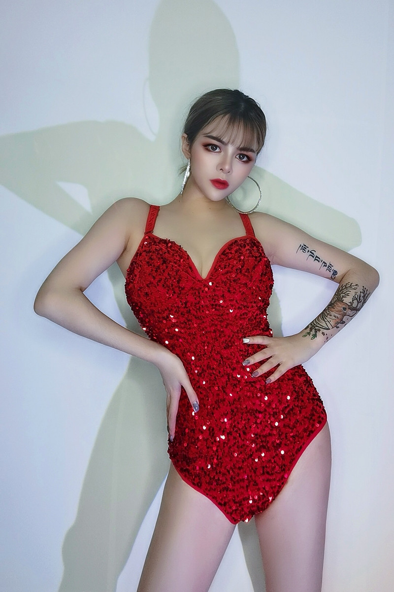 Sclipici Negru Roșu Paiete Fără mâneci Sling Body Femei DJ Club de noapte Pole Dance Jazz Performance Haine Costum de scenă sexy