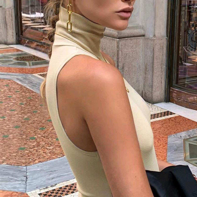 Body tricotat fără mâneci cu guler rotit cu coaste, îmbrăcăminte de stradă pentru femei, toamnă iarnă 2020, salopetă pentru femei, salopetă șic subțire