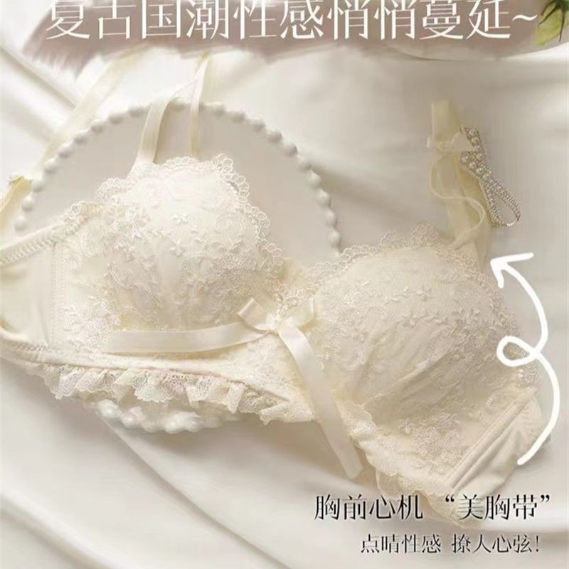Lenjerie de corp pentru fete din dantelă brodată Sutiene fără inel de oțel Confortabil, nu gol, cupa închisă laterală, piept mic, adunat, set de sutien mare