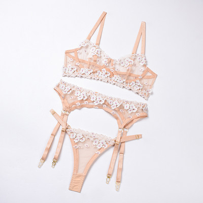 Hot Sale Νέο Λευκό Γυναικείο Σέξι Γυναικείο Σετ Εσώρουχα Απλικέ Κεντημένο Κούφι Διαφανές Εσώρουχο Garter Thong Gathered Bra 3τμχ