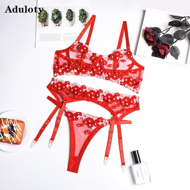 Hot Sale Νέο Λευκό Γυναικείο Σέξι Γυναικείο Σετ Εσώρουχα Απλικέ Κεντημένο Κούφι Διαφανές Εσώρουχο Garter Thong Gathered Bra 3τμχ