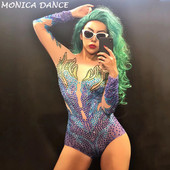 Stage Sparkly Rhinestones Mesh Bodysuit Γυναικείο πάρτι Σέξι κοστούμι χορού Παρουσίαση νυχτερινό κέντρο διασκέδασης Γυναίκα τραγουδίστρια Φόρεμα See Through Bodysuits