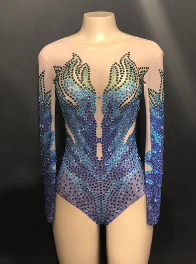 Stage Sparkly Rhinestones Mesh Bodysuit Γυναικείο πάρτι Σέξι κοστούμι χορού Παρουσίαση νυχτερινό κέντρο διασκέδασης Γυναίκα τραγουδίστρια Φόρεμα See Through Bodysuits
