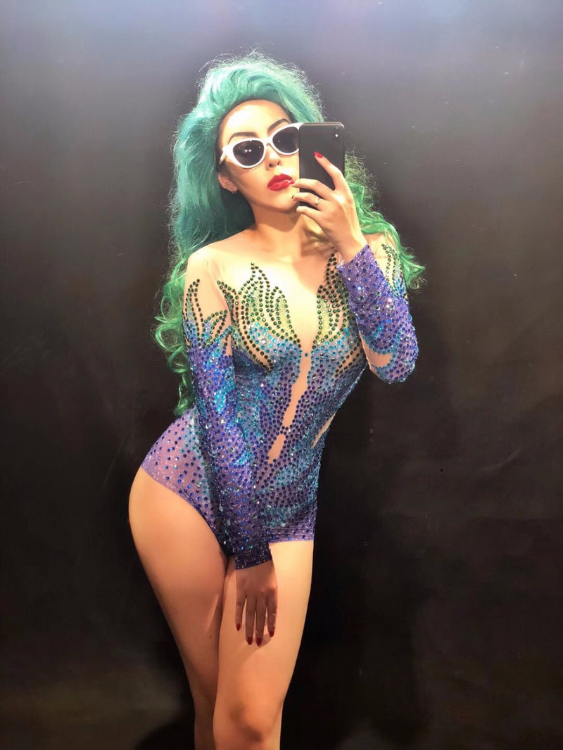 Stage Sparkly Rhinestones Mesh Bodysuit Γυναικείο πάρτι Σέξι κοστούμι χορού Παρουσίαση νυχτερινό κέντρο διασκέδασης Γυναίκα τραγουδίστρια Φόρεμα See Through Bodysuits