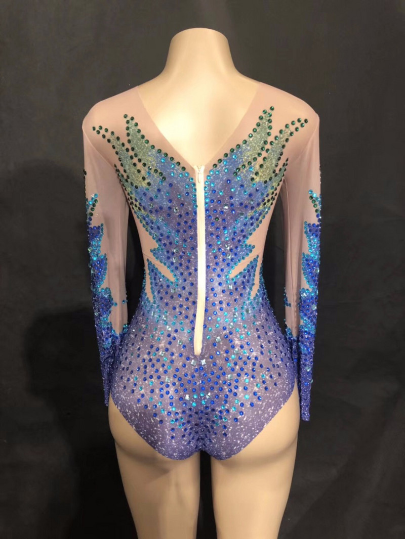 Stage Sparkly Rhinestones Mesh Bodysuit Γυναικείο πάρτι Σέξι κοστούμι χορού Παρουσίαση νυχτερινό κέντρο διασκέδασης Γυναίκα τραγουδίστρια Φόρεμα See Through Bodysuits