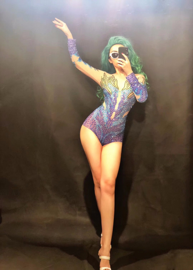 Stage Sparkly Rhinestones Mesh Bodysuit Γυναικείο πάρτι Σέξι κοστούμι χορού Παρουσίαση νυχτερινό κέντρο διασκέδασης Γυναίκα τραγουδίστρια Φόρεμα See Through Bodysuits