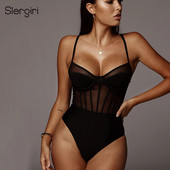 Body sexy Slergiri din plasă neagră mozaic pentru femei 2020, cu decolteu în V, curea spaghetti, talie înaltă, fără spate, body subțire și subțire