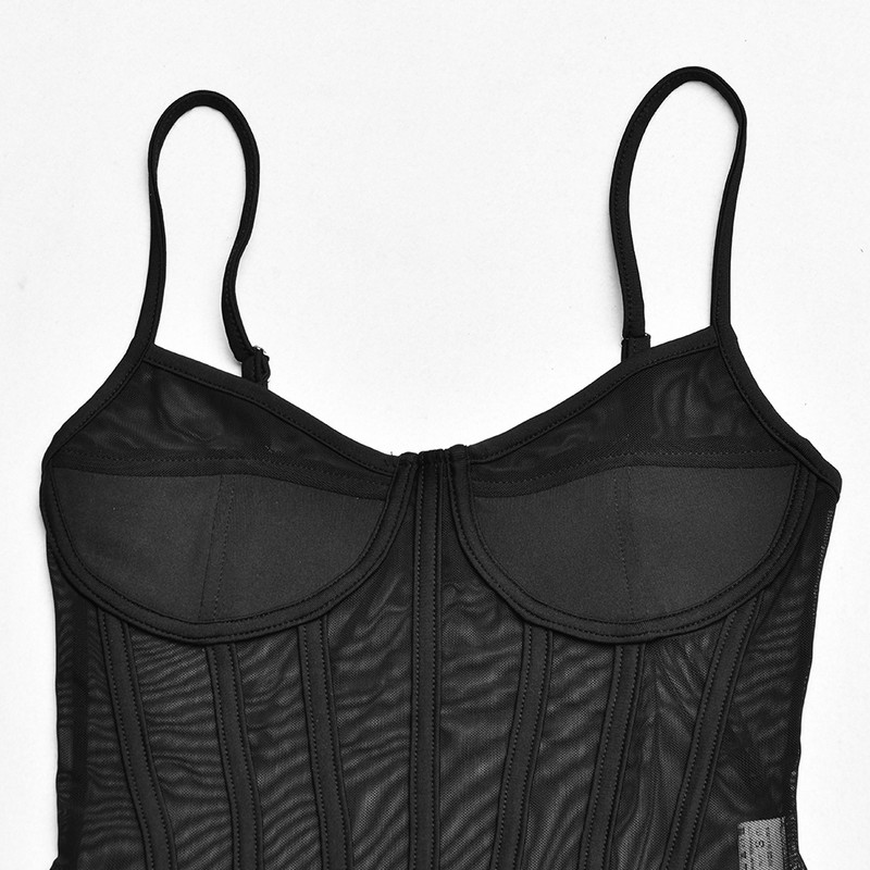 Body sexy Slergiri din plasă neagră mozaic pentru femei 2020, cu decolteu în V, curea spaghetti, talie înaltă, fără spate, body subțire și subțire