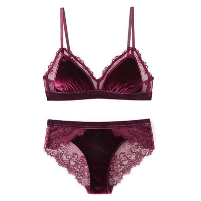 Set de lenjerie de corp sexy din catifea cu sutien triunghi fără fir din dantelă cu căptușeală din plasă căptușită detașabilă Lenjerie de catifea pentru femei