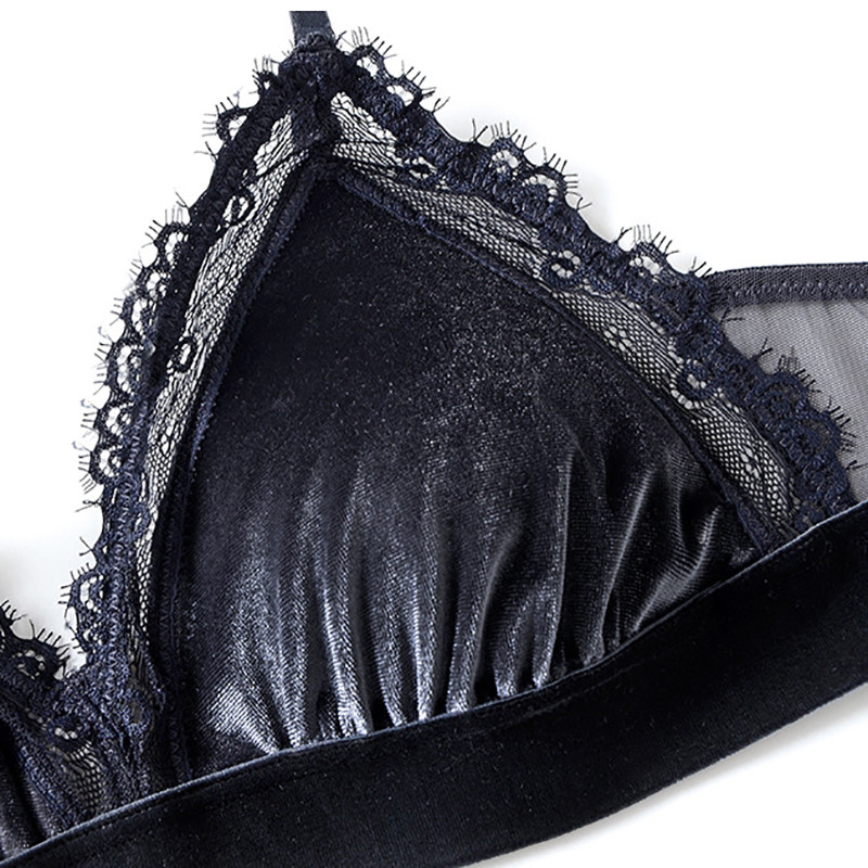 Set de lenjerie de corp sexy din catifea cu sutien triunghi fără fir din dantelă cu căptușeală din plasă căptușită detașabilă Lenjerie de catifea pentru femei