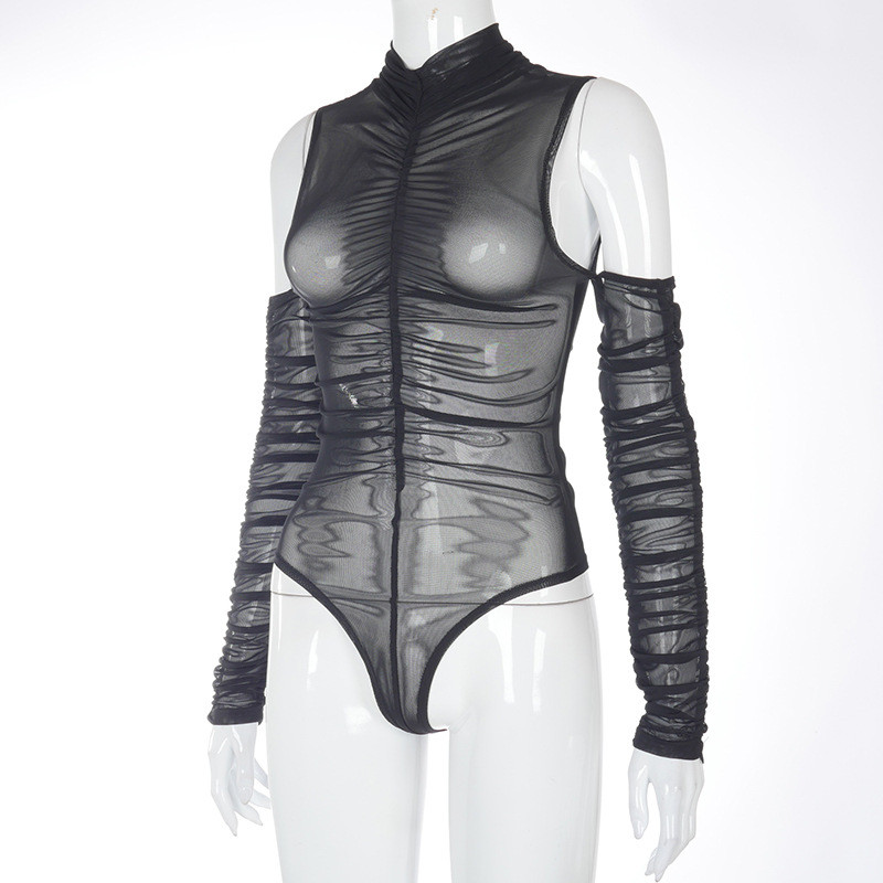 Salopetă cu mânecă lungă pentru femei, 2021, nouă, sexy, scobită, body cu plasă transparentă, cu gât roșu, ținute de petrecere cu volanate, haine de club pentru femei