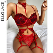 Ellolace Sensual Lenjerie Femei Set de lenjerie de corp căptușită Jartieră Femme Sutiene Push Up Dantela Chiloți G-String Lenjerie de corp Femei ținută sexy