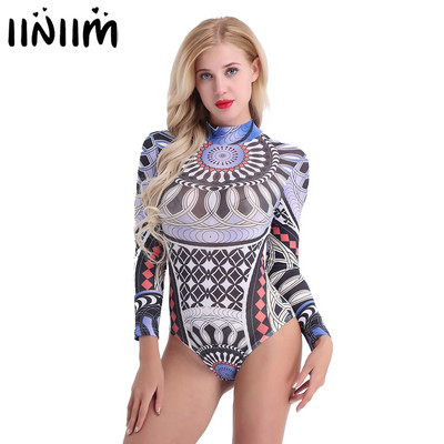 iiniim Sieviešu triko ar garām piedurknēm Sexy Tattoo Boho Boho Bodysuit Hot Babydoll Bodycon naktsklubam Femme Party Dance Jumpsuit