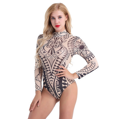 iiniim Ženski triko s dugim rukavima, seksi tetovaža, boho bodi Hot Babydoll bodi za noćni klub Femme Party Dance kombinezon