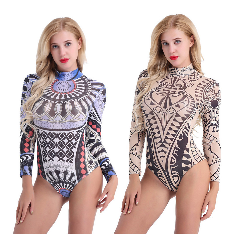 iiniim Ženski triko s dugim rukavima, seksi tetovaža, boho bodi Hot Babydoll bodi za noćni klub Femme Party Dance kombinezon