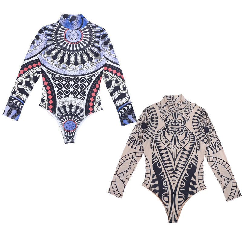 iiniim Ženski triko s dugim rukavima, seksi tetovaža, boho bodi Hot Babydoll bodi za noćni klub Femme Party Dance kombinezon