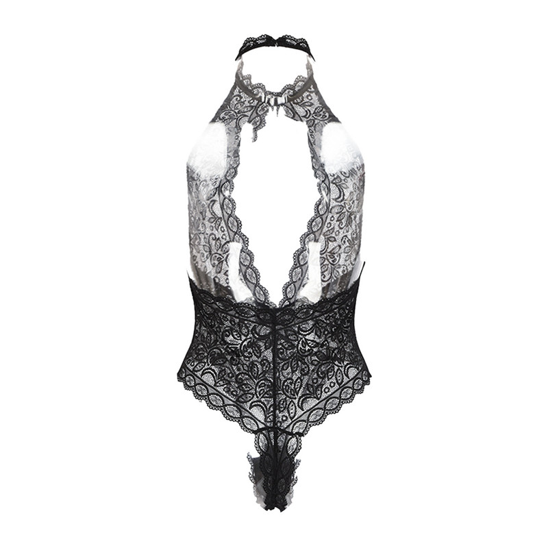 Salopetă de femeie, sexy, din dantelă, de noapte, salopetă florală, pe gât, agățată transparentă, fără spate, cu talie înaltă.