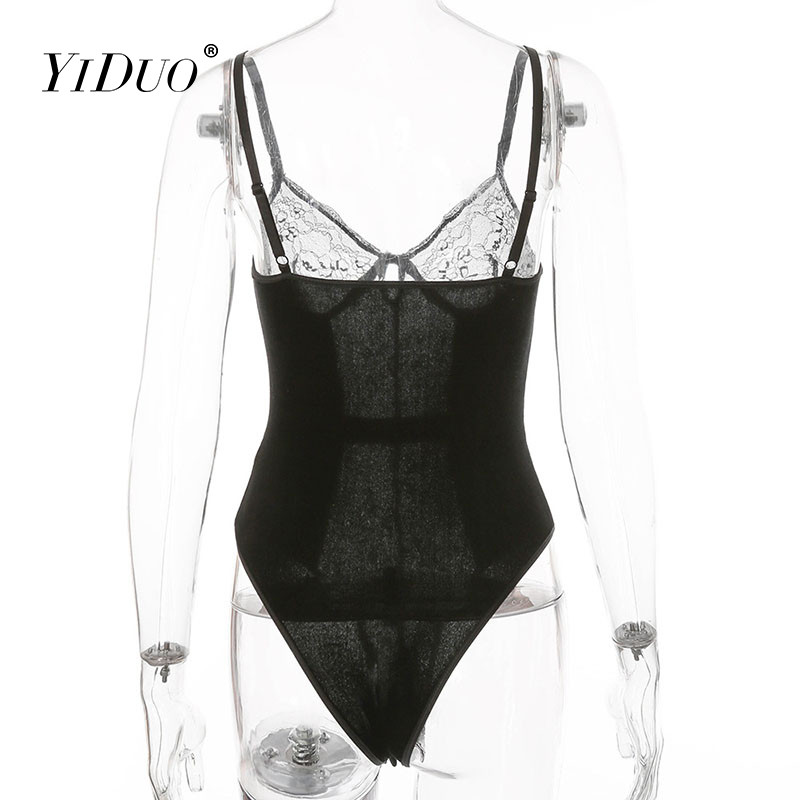 Body din catifea YiDuo pentru femei, cu imprimeu floral, salopete din dantelă, cu patchwork, body transparent, sexy, negru, 2021, nou