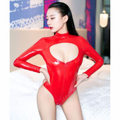 Suures suuruses Wetlook pikkade varrukatega tõmblukuga avatud jalgevahega kehakostüüm PVC kassiülikond Bodytocking Sexy Hot Erotic Pole Dance Clubwear Babydoll Red