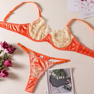 Ellolace σέξι πολυτελές σετ εσωρούχων γυναικεία 2 τεμαχίων σατέν συνονθύλευμα Λεπτά εσώρουχα χωρίς ραφή Kiss See Through Exotic Sets