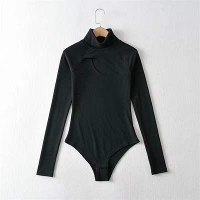 Euroopa sügisesed uued seksikad õõnsad kõrge kaelusega õhuke veniv alus õõnsad pikkade varrukatega body, Hole Rompers YC8A