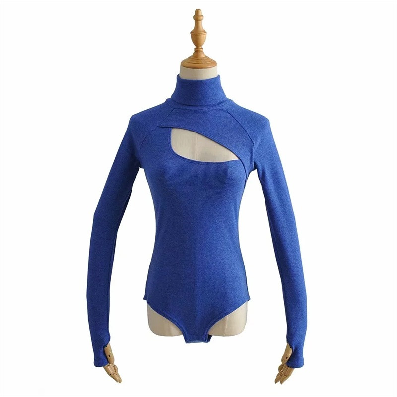 Euroopa sügisesed uued seksikad õõnsad kõrge kaelusega õhuke veniv alus õõnsad pikkade varrukatega body, Hole Rompers YC8A