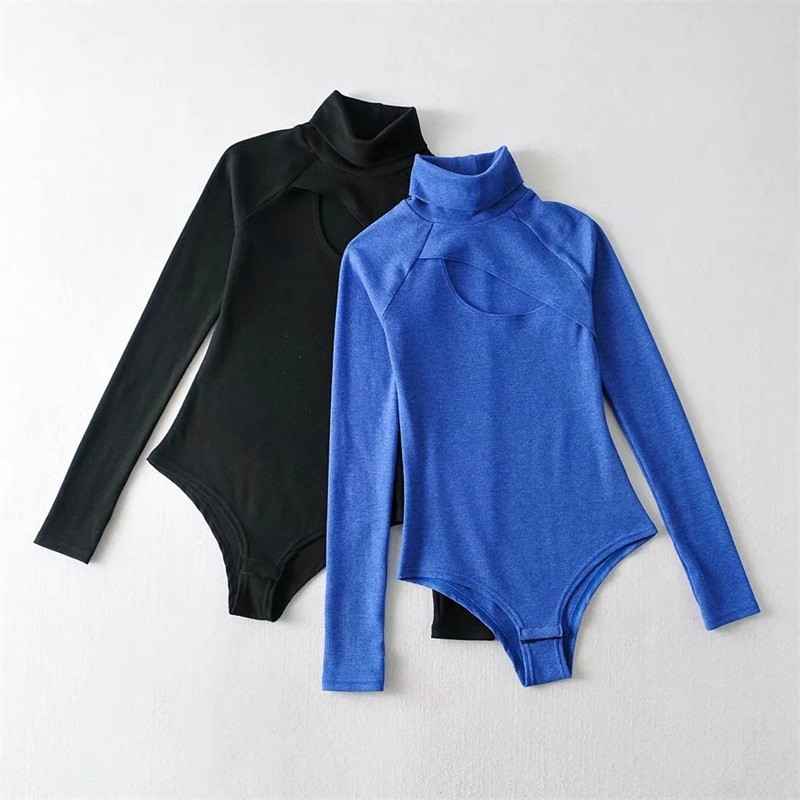 Euroopa sügisesed uued seksikad õõnsad kõrge kaelusega õhuke veniv alus õõnsad pikkade varrukatega body, Hole Rompers YC8A