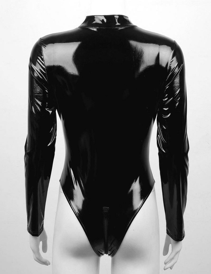 Body pentru femei din piele lacuită cu aspect umed Gâtul cu cataramă Mâneci lungi Decupaj Fermoar Salopete subțiri pentru petrecere de vară Salopete pentru club de noapte