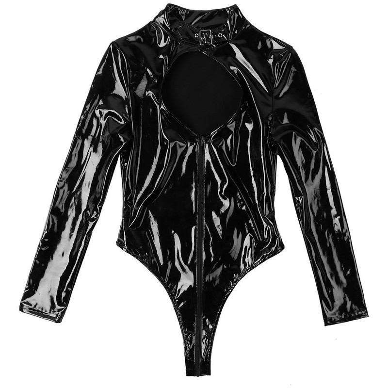 Body pentru femei din piele lacuită cu aspect umed Gâtul cu cataramă Mâneci lungi Decupaj Fermoar Salopete subțiri pentru petrecere de vară Salopete pentru club de noapte
