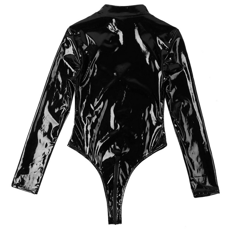 Body pentru femei din piele lacuită cu aspect umed Gâtul cu cataramă Mâneci lungi Decupaj Fermoar Salopete subțiri pentru petrecere de vară Salopete pentru club de noapte