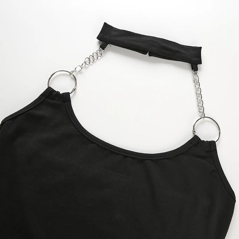 Body pentru femeie cu lanț metalic cu Halter, negru, fără mâneci, barcium dintr-o bucată, skinny fără spate, top sexy pentru femei, rochie de vară