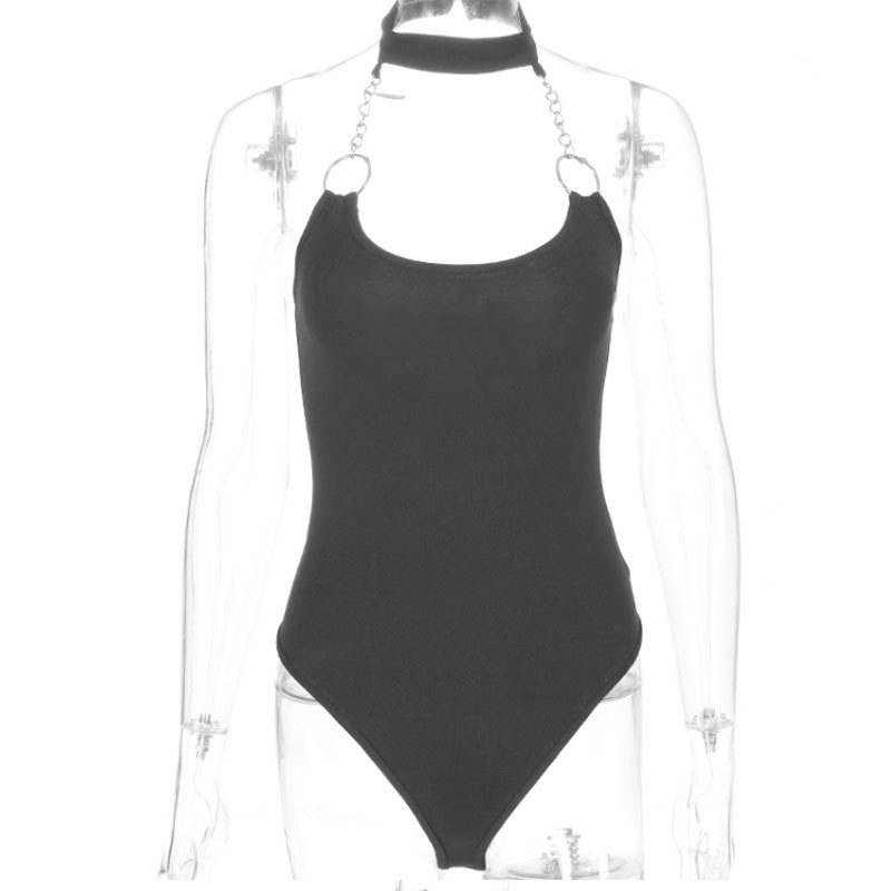 Body pentru femeie cu lanț metalic cu Halter, negru, fără mâneci, barcium dintr-o bucată, skinny fără spate, top sexy pentru femei, rochie de vară