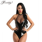 Body din plasă din piele PU pentru femei, cu aspect umed, dintr-o singură bucată, tricou fără spate, costum de club, costume de club sexy