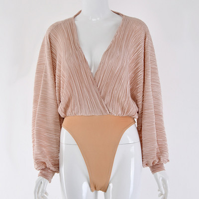 Σέξι γυναικείο κορμάκι με βαθύ λαιμόκοψη V-λαιμόκοψη Μόδα μακρυμάνικο φαρδύ γυναικείο φόρεμα Casual ολόσωμο φορμάκι φθινόπωρο 2019