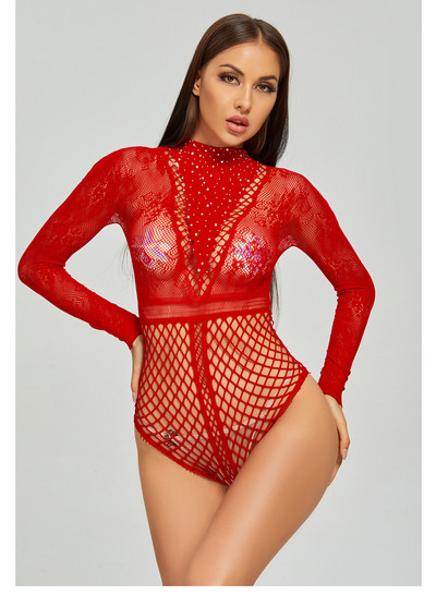 Νέα γυναικεία σέξι γυαλιστερά διαμαντένια διαφανή διχτυωτή φόρμα μακρυμάνικα με ψηλό λαιμό Party Club Playsuits Lace Floral Sleepwear