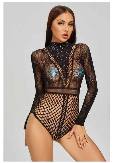 Νέα γυναικεία σέξι γυαλιστερά διαμαντένια διαφανή διχτυωτή φόρμα μακρυμάνικα με ψηλό λαιμό Party Club Playsuits Lace Floral Sleepwear