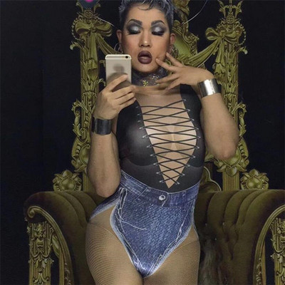 Seksikas musta sidemega teksapüksid trükitud bodi Naislaulja lavakostüüm Stretch Denim trikoo ööklubi pidu Tähista riided