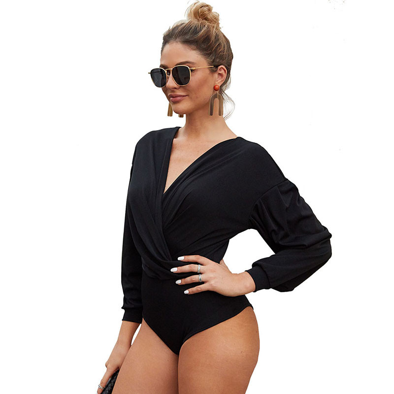 CINESSD Γυναικεία σέξι ολόσωμη φόρμα με λαιμόκοψη μαύρο μακρυμάνικο ψηλόμεσο στενή κοντή φόρμα Playsuit Office Lady Casual Soft Rompers