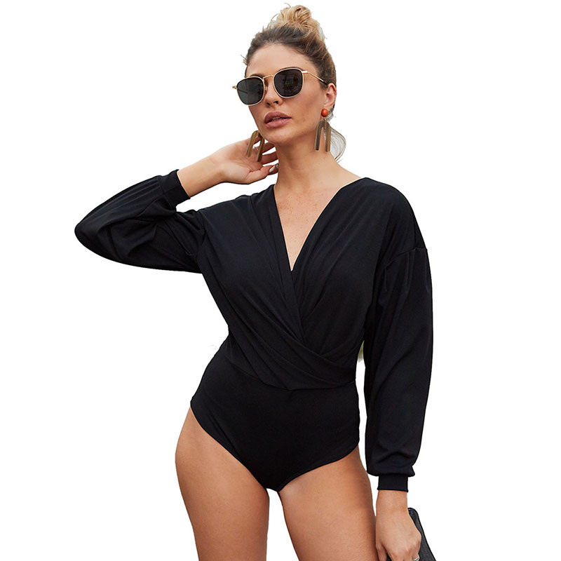 CINESSD Γυναικεία σέξι ολόσωμη φόρμα με λαιμόκοψη μαύρο μακρυμάνικο ψηλόμεσο στενή κοντή φόρμα Playsuit Office Lady Casual Soft Rompers