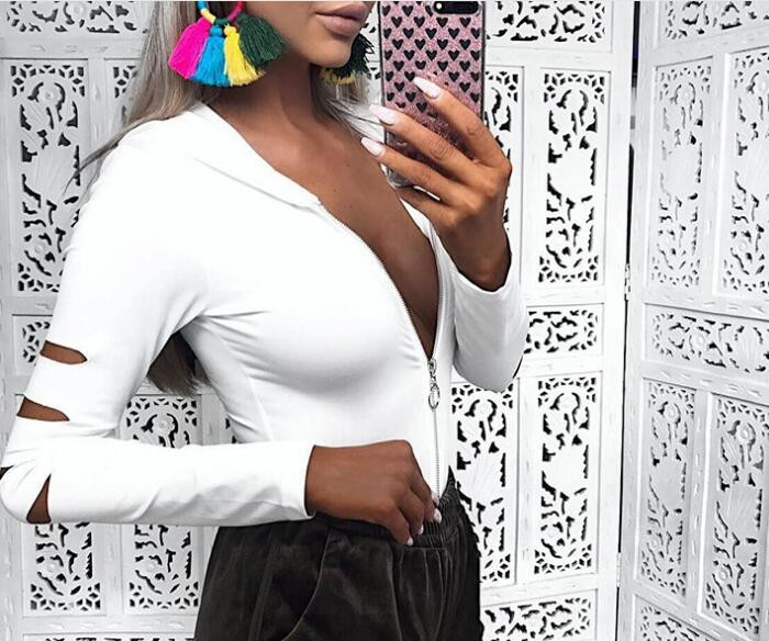 Seksīgs kombinezons ar garām piedurknēm Bodijs ar garām piedurknēm rudens rāvējslēdzējs ar kapuci Bodijs Sieviešu kombinezons Kombinezons Rompers Rāvējslēdzējs