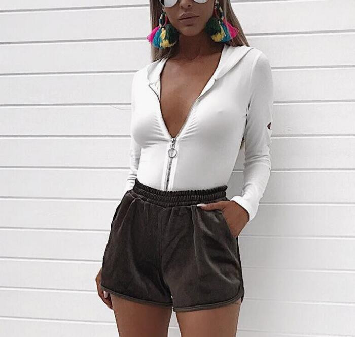 Seksīgs kombinezons ar garām piedurknēm Bodijs ar garām piedurknēm rudens rāvējslēdzējs ar kapuci Bodijs Sieviešu kombinezons Kombinezons Rompers Rāvējslēdzējs