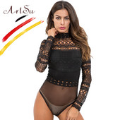 ArtSu Sexy, negru, alb, dantelă, plasă, croșetat, pentru femei, cu gât țesut cu mânecă lungă, combinație de corp pentru femei, topuri de iarnă