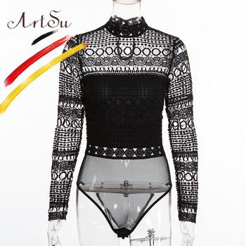 ArtSu Секси черно-бяло дантелено мрежесто боди с плетене на една кука Дамско издълбано водолазка с дълъг ръкав Комбинация по тялото Femme Winter Tops