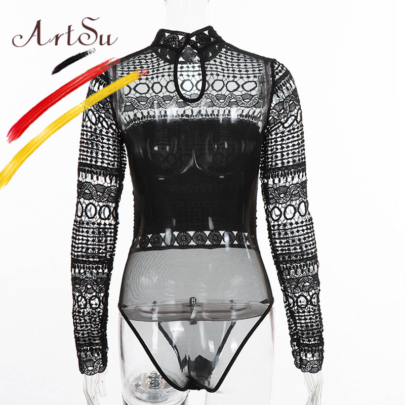 ArtSu Sexy, negru, alb, dantelă, plasă, croșetat, pentru femei, cu gât țesut cu mânecă lungă, combinație de corp pentru femei, topuri de iarnă