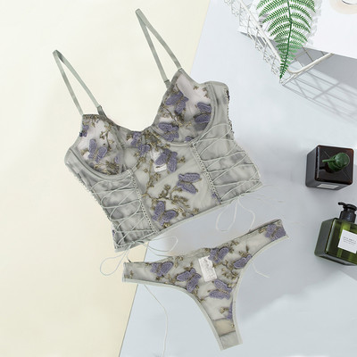 Comeondear Butterfly Women Breves Set Sexy Applique Set de lenjerie intimă Transparentă Senzuală Lenjerie Mari dimensiuni Lenjerie erotică Sutien Set