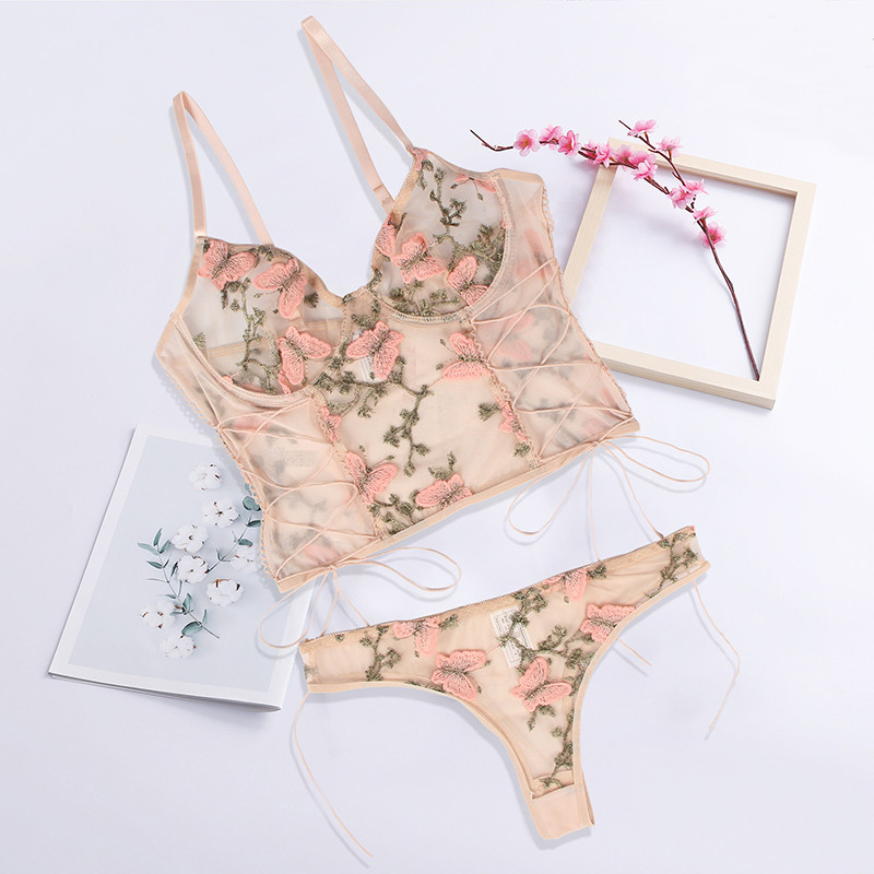 Comeondear Butterfly Women Breves Set Sexy Applique Set de lenjerie intimă Transparentă Senzuală Lenjerie Mari dimensiuni Lenjerie erotică Sutien Set