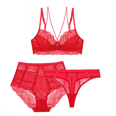 Varsbaby sexy necăptușit 3/4 cană lenjerie din dantelă florală 3 buc sutiene + chiloți cu talie înaltă + tanga pentru doamne