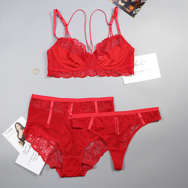 Varsbaby sexy necăptușit 3/4 cană lenjerie din dantelă florală 3 buc sutiene + chiloți cu talie înaltă + tanga pentru doamne